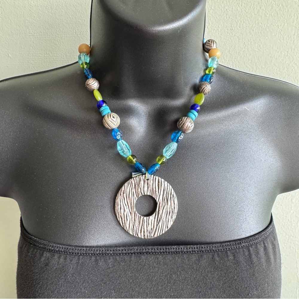 Chico's Blue Green Wood Beaded Pendant Necklace